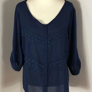 2XL Navy MineToo Brand Adjustable Sleeve Sheer Top